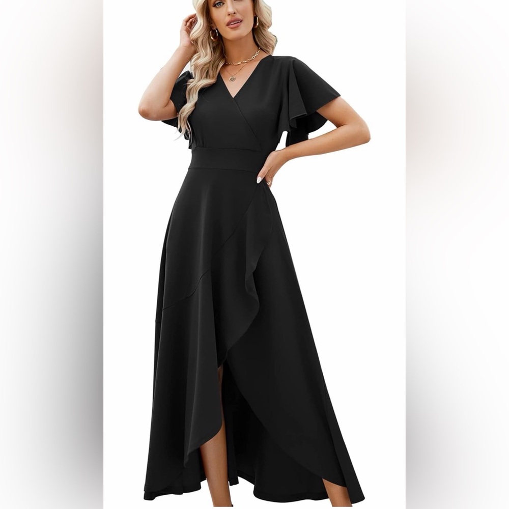 NEW Formal Gown Evening Cocktail Elegant V Neck Ruffle Wedding Guest Dress L